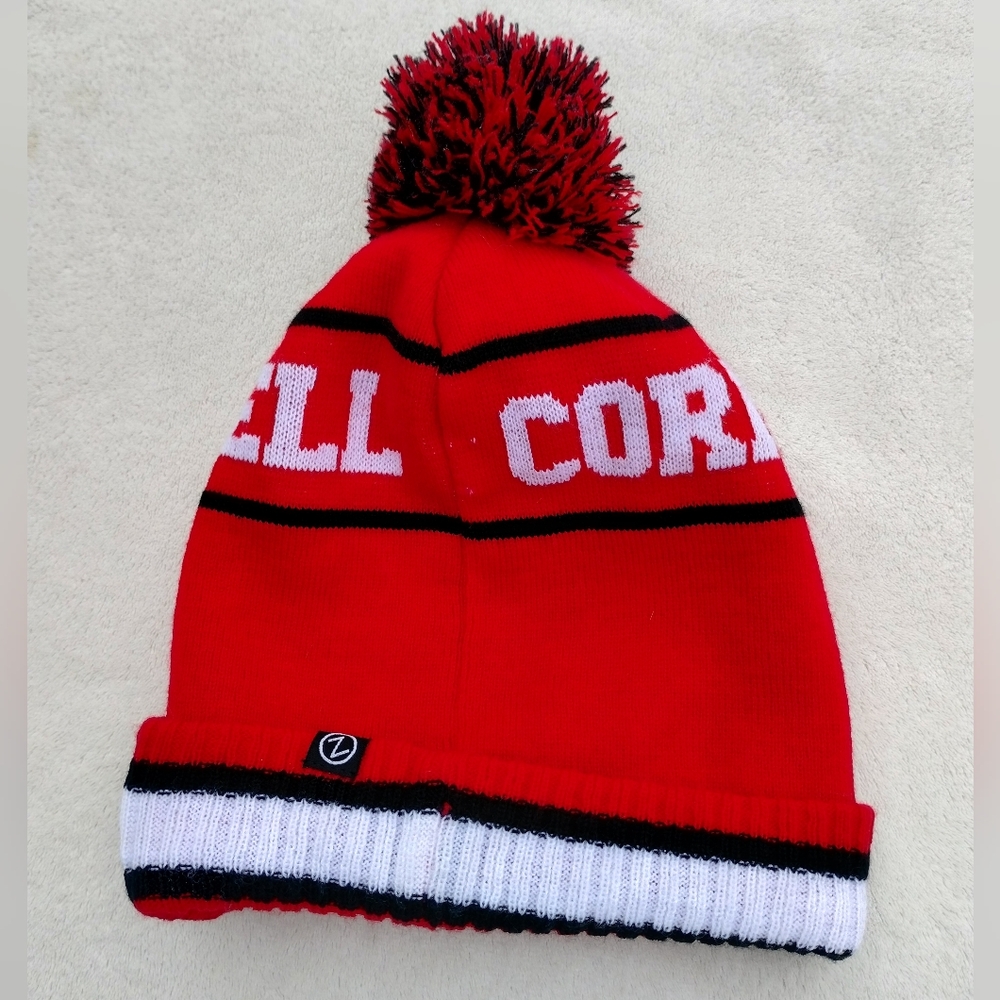 Cornell University Red Striped Knit Beanie Adult One Size Pom Embroidered Logo - Picture 6 of 6